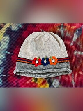 Kids Knitted Floral Striped Beanie